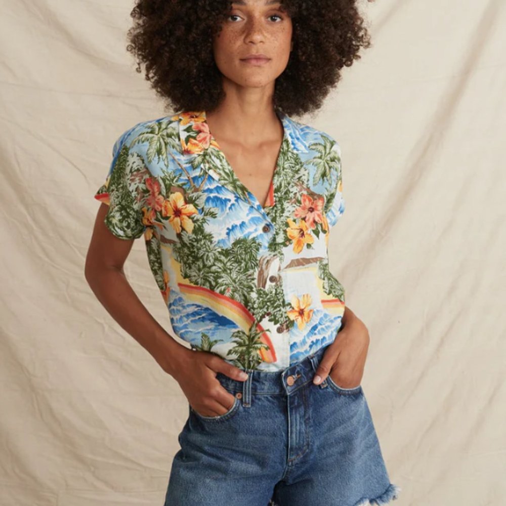 Marine Layer Malia Button Down in Blue Hawaiian Vacation Print Women's Sz Small